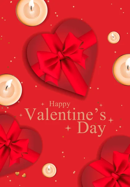 Valentines day design. Realistic red gifts boxes, candles. Holiday banner, web poster, flyer, stylish brochure, greeting card, cover — 图库矢量图片