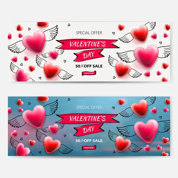 Valentin napi vásár. Set web bannerek piros szárnyas szív háttér — Stock Vector