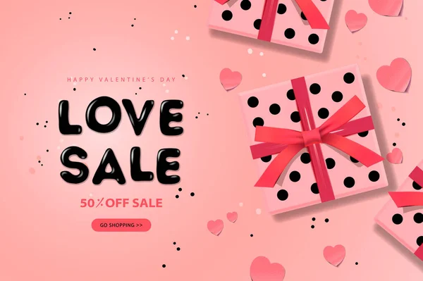 Valentines day sale. Web banner template with gift boxes, hearts background — Stock Vector