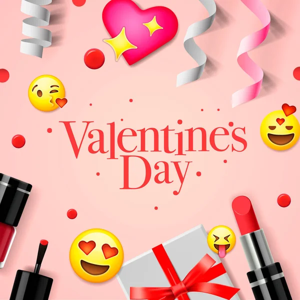 Carte de voeux Saint Valentin avec coffret cadeau, cosmétiques, pétales de fleurs de rose, autocollants emoji — Image vectorielle