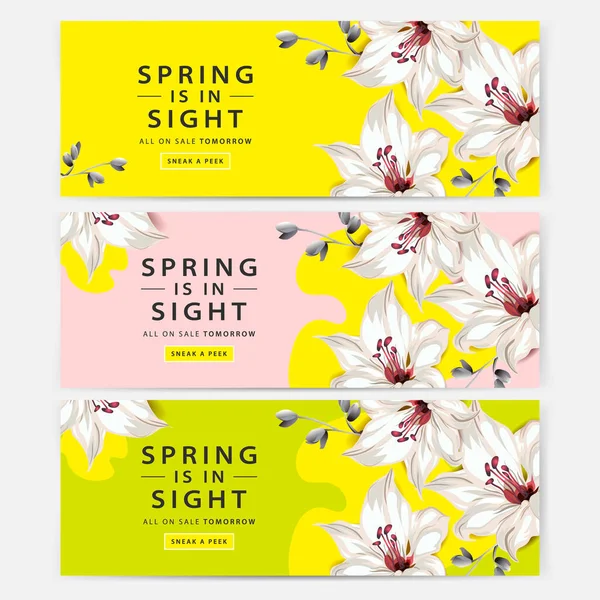 Venta de primavera banners web horizontales con flor de lirio, conjunto de carteles modernos — Vector de stock