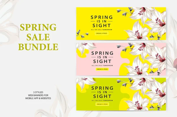 Bundle de vente de printemps, bannières web avec fleur de lis — Image vectorielle