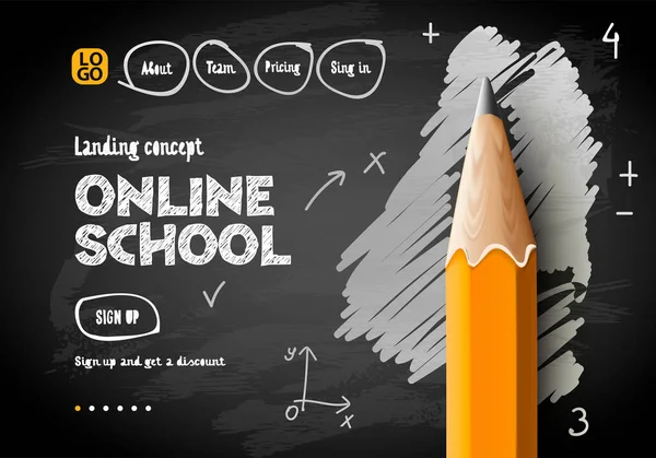 Banner web della scuola online. Tutorial e corsi internet digitali, educazione online, e-learning. Stile Doodle — Vettoriale Stock