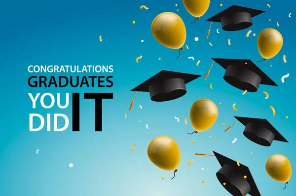 Щасливий банер випускного класу з літаючими випускними капелюхами, повітряними кулями та конфетті на фоні блакитного неба — стоковий вектор