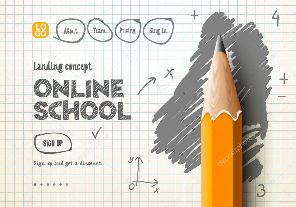 Online School web banner. Digital internet tutorials and courses, online education, e-learning. Doodle style