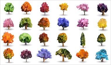 Ağaçlar çokrenkli çokgen vektör simgeleri seti, düşük poli modelleme, geometrik, origami ve tringle modern tasarımı, sonbahar yaz ve bahar orman şablonu arka planı, vektör sanat çizimi için kullanılabilir.
