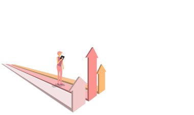 Liderliği ve başarıyı gösteren oklar farklı ve hızlı, okun üzerinde duran kadın başarılı bir şekilde iş dünyasına giriyor, vektör sanatı ve illüstrasyon.