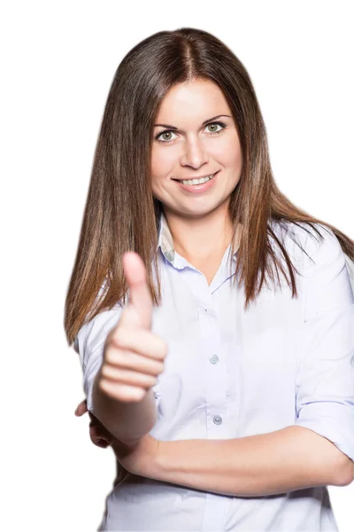 Jonge, mooie, zakelijke vrouw toont een duim — Stockfoto