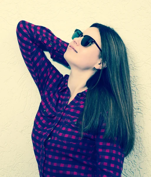 Portrait of a young  girl wearing trendy glasses and casual shir — Stock Photo, Image