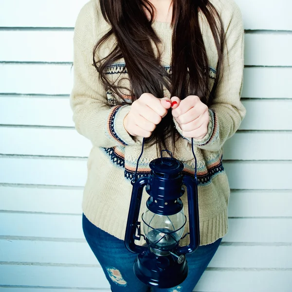 Beautiful girl with lantern — Stock Photo, Image