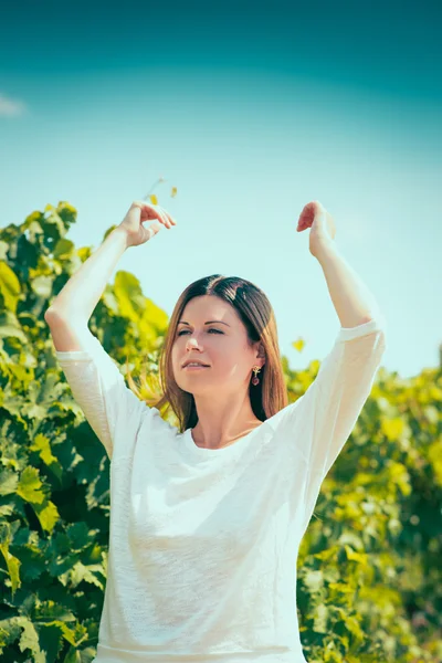 Женщина ходит по винограднику — стоковое фото