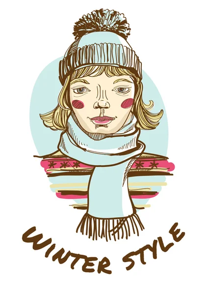 ブロンドの女性は、ストライプのセーター、スカーフ、帽子身に着けています。手お絵描きの続き — ストックベクタ