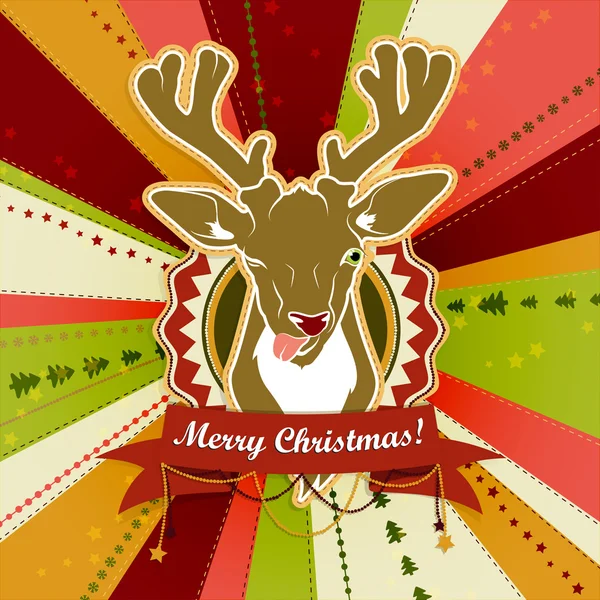 Vintage vector Christmas card with Deer showing his tongue — Stock Vector