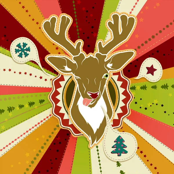 老式的矢量圣诞贺卡与鹿展示他的舌头 — 图库矢量图片