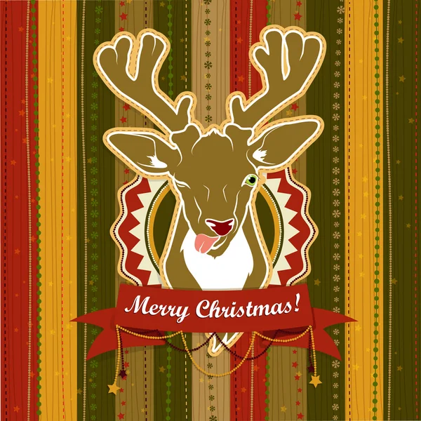 Винтажная векторная рождественская открытка с оленем, показывающим свой язык — стоковый вектор