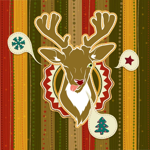 Biglietto natalizio vettoriale vintage con cervo che mostra la lingua — Vettoriale Stock