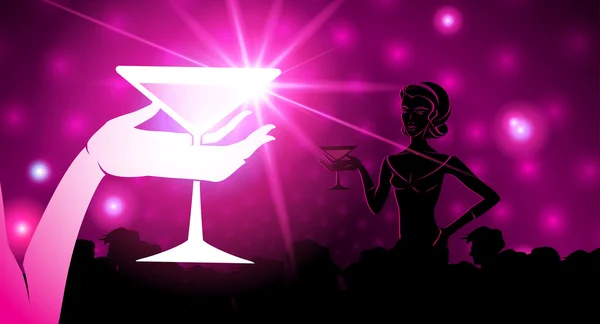 Kvinna med en cocktail. en glittrande bakgrund — Stock vektor