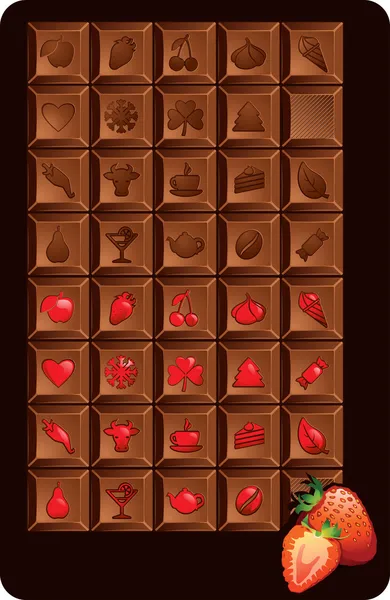 Set van chocoladerepen met iconen van voedsel en feestdagen — Stockvector