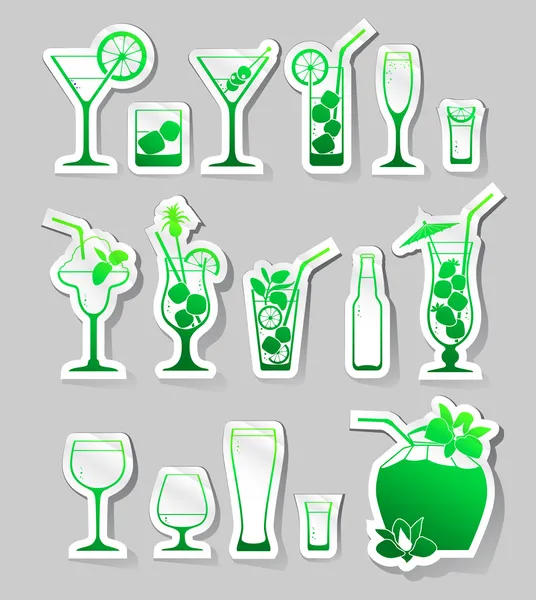 Cocktails and glasses with alcohol on stickers — Stock Vector