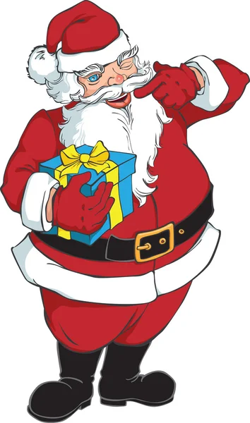 Sorridente e ammiccante Babbo Natale con il regalo blu che è stato legato da un nastro — Vettoriale Stock