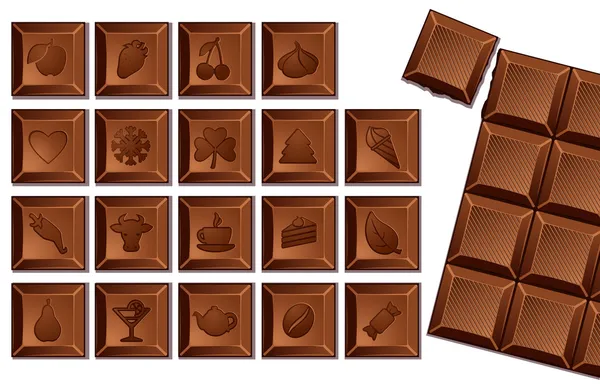 Conjunto de barras de chocolate com ícones de comida e feriados — Vetor de Stock