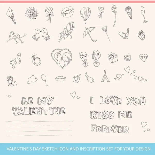 Schiță de Ziua Îndrăgostiților Icon și Set de scripție pentru designul tău — Vector de stoc
