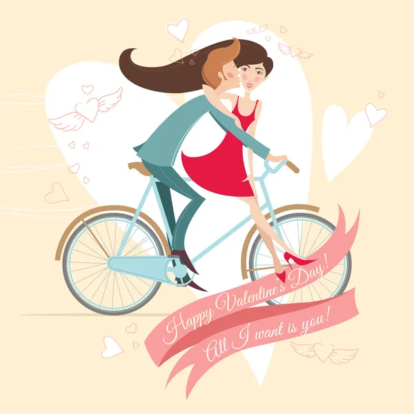 Loving couple on the bicycle. Valentine's day greeting card. — Stock Vector