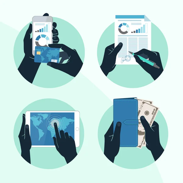 Set di icone con Mani in possesso di carta di credito, smartphone, denaro e o — Vettoriale Stock