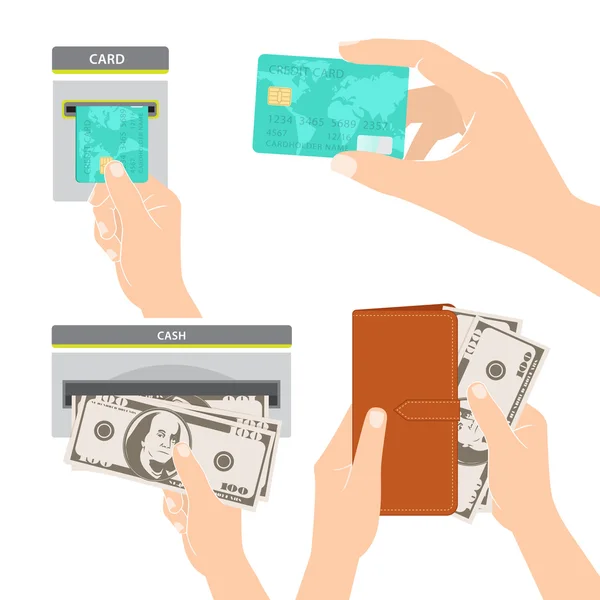 Mãos segurando dinheiro, cartão de crédito e bolsa — Vetor de Stock
