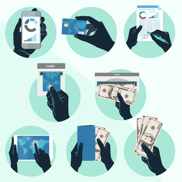Kredi kartı, akıllı telefon, para ve o tutan el ile ayarla simgesini — Stok Vektör