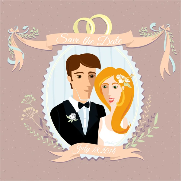 Vintage wedding invitation with happy couple — Stock Vector