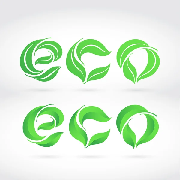 La palabra ECO compuesta de las hojas. Dos escrituras: plana y 3D — Vector de stock
