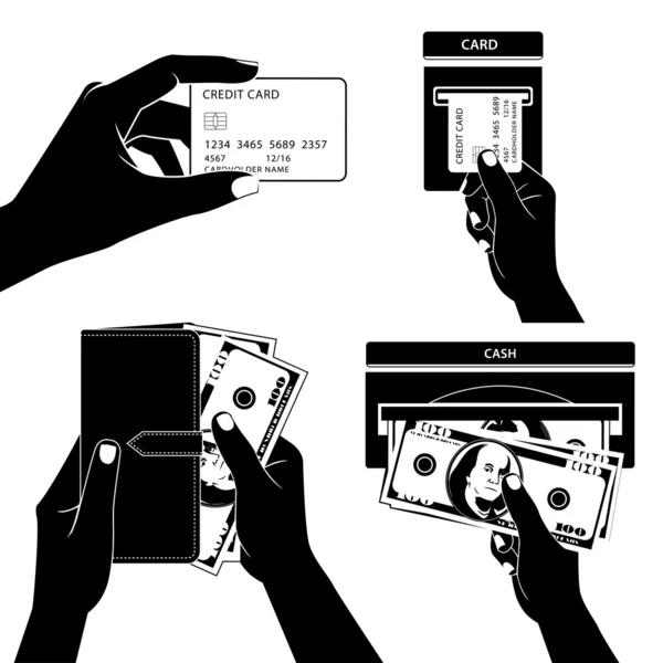 Ikonuppsättning med händer som håller kreditkort, smartphone, pengar och o — Stock vektor