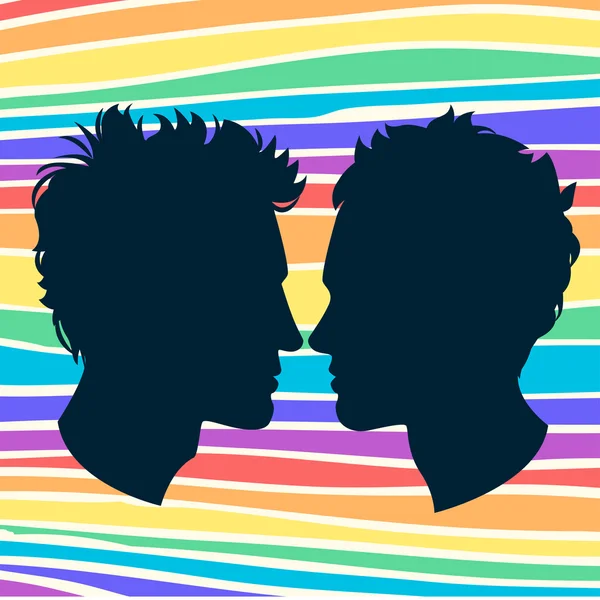 Perfiles de dos hombres pareja homosexual. Fondo arco iris — Vector de stock