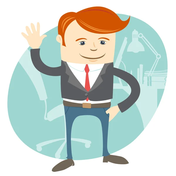 Office man waving in front of his working place — Stock Vector
