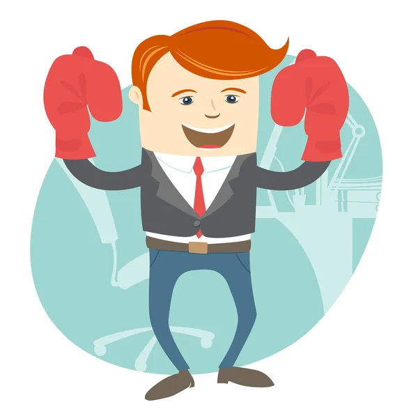 Office man wearing boxing gloves in front of working place — Stock Vector