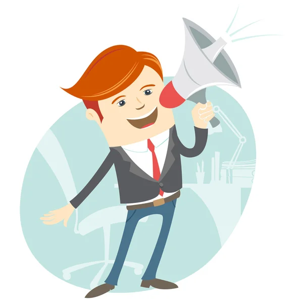 Office man megaphone shouting in front of his working place — Stock Vector