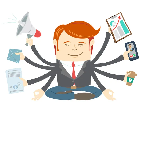 Homme de bureau avec huit mains méditant au milieu de wor occupé — Image vectorielle
