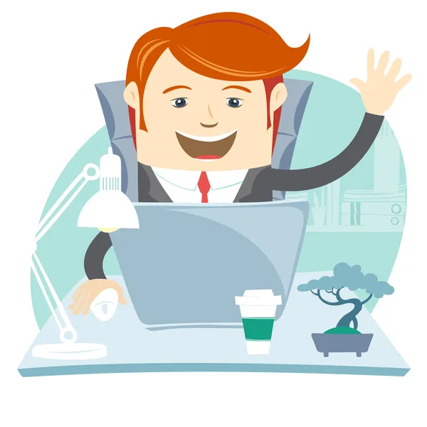 Happy Office homme assis à son bureau de travail — Image vectorielle