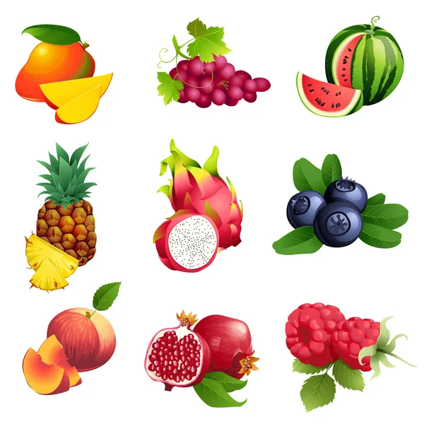 Set of fruits and berries with leaves — Stock Vector