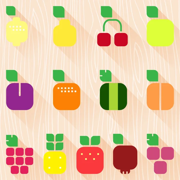 Conjunto de frutas e bagas com folhas. Ícones de estilo plano — Vetor de Stock