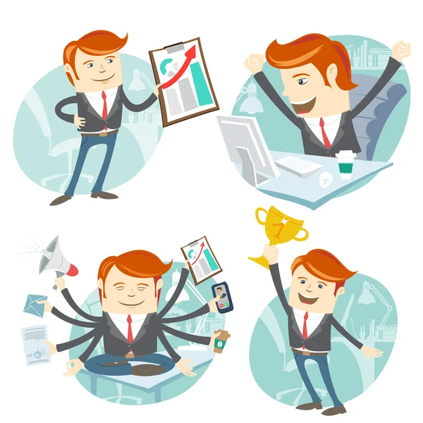 Office man hipster set: showing a graph, Happy worker at his des — Stock Vector