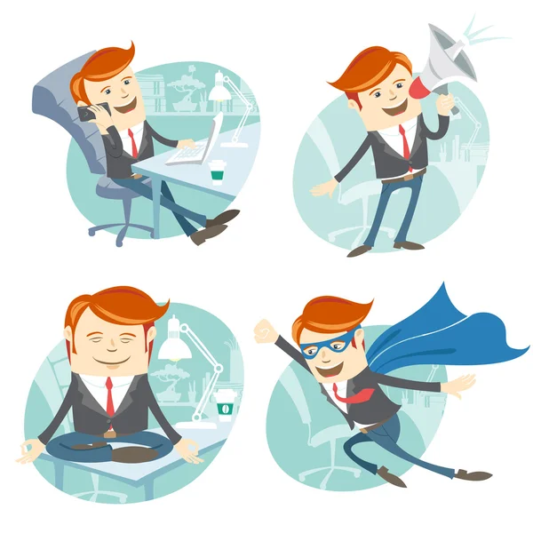 Office man hipster set: flying super man wearing blue mackintosh — Stock Vector