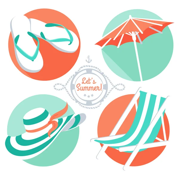 Ícones de verão: flip floppers, chapéu, guarda-chuva de praia e cadeira — Vetor de Stock