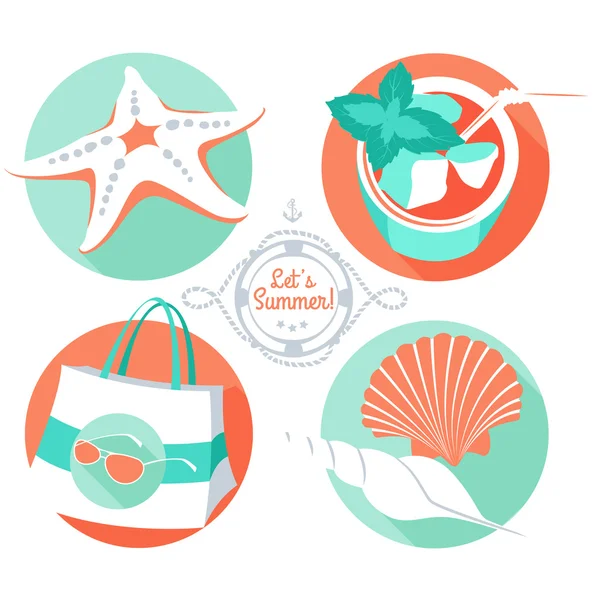 Καλοκαίρι σύνολο: αστερίες, κοχύλια, παραλία τσάντα, γυαλιά ηλίου, τροπικές co — Διανυσματικό Αρχείο
