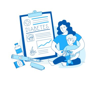 Diabetes in children line vector illustration. Mother help sugar test diabetes boy, insulin kit pen, blood sugar meter doodle style drawing. Diabetic patient line icons clipart