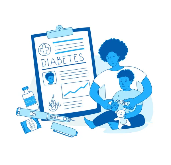 Diabete Nei Bambini Linea Vettoriale Illustrazione Madre Aiuto Zucchero Test — Vettoriale Stock