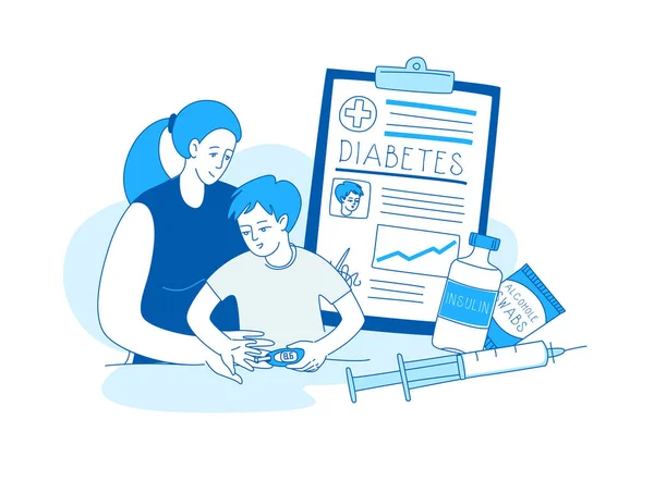 Diabete Nei Bambini Linea Vettoriale Illustrazione Madre Aiuto Zucchero Test — Vettoriale Stock