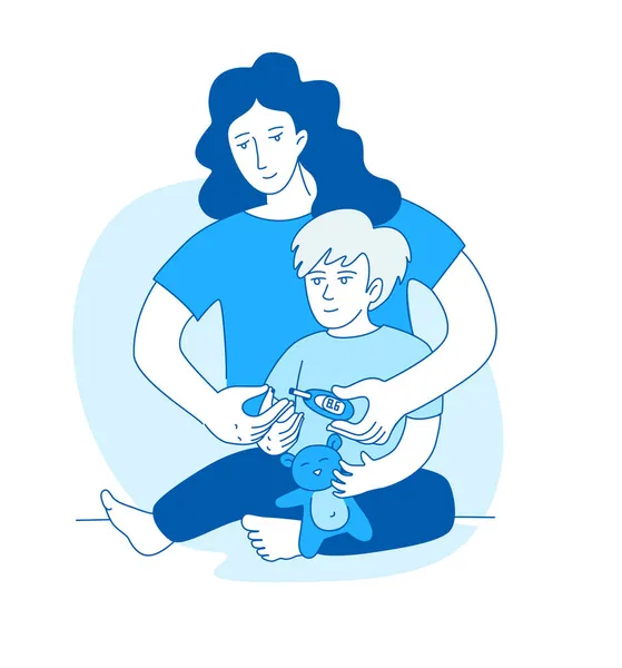 Діабет Дітей Лінія Векторні Ілюстрації Мати Допомагає Цукровому Діабету Хлопчику Стокова Ілюстрація
