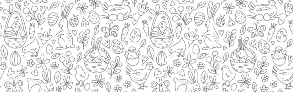 有趣的复活节无缝图案背景贺卡与兔子 小鸡和花朵 复活节蛋打猎 矢量画笔涂鸦儿童风格设计 — 图库矢量图片